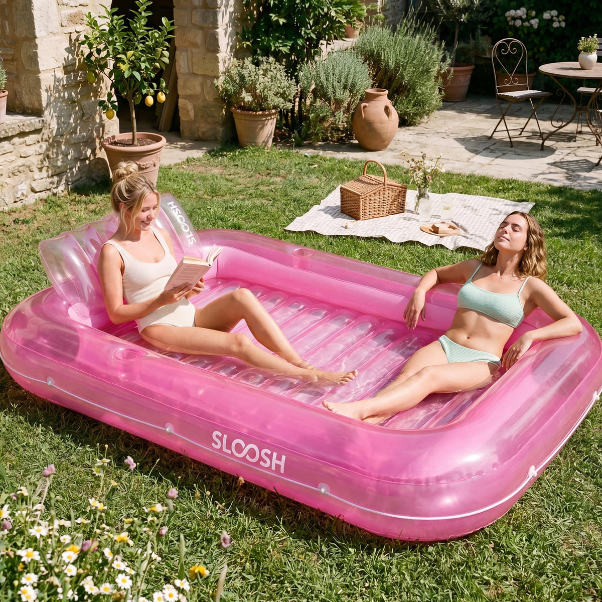 SLOOSH Transparent Inflatable Tanning Pool Lounger Float, 85" x 57", Pink-XL