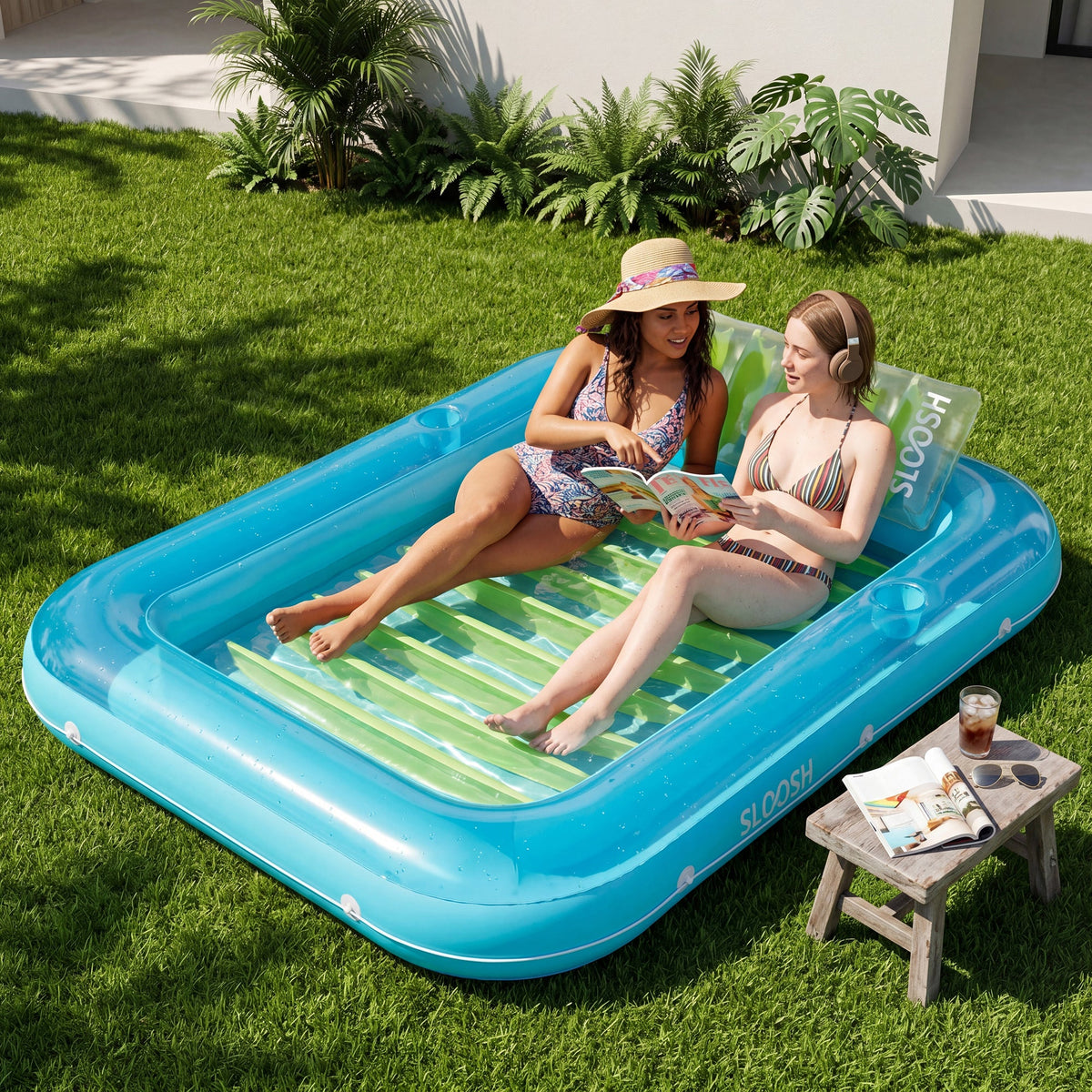 SLOOSH Transparent Inflatable Tanning Pool Lounger Float, 85" x 57", Blue Green-XL
