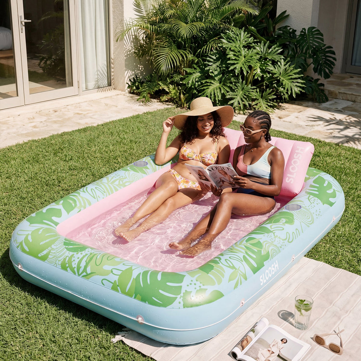 SLOOSH Cyan Pink 85" Tanning Pool with Float Chair Best Friend Choice Bundle