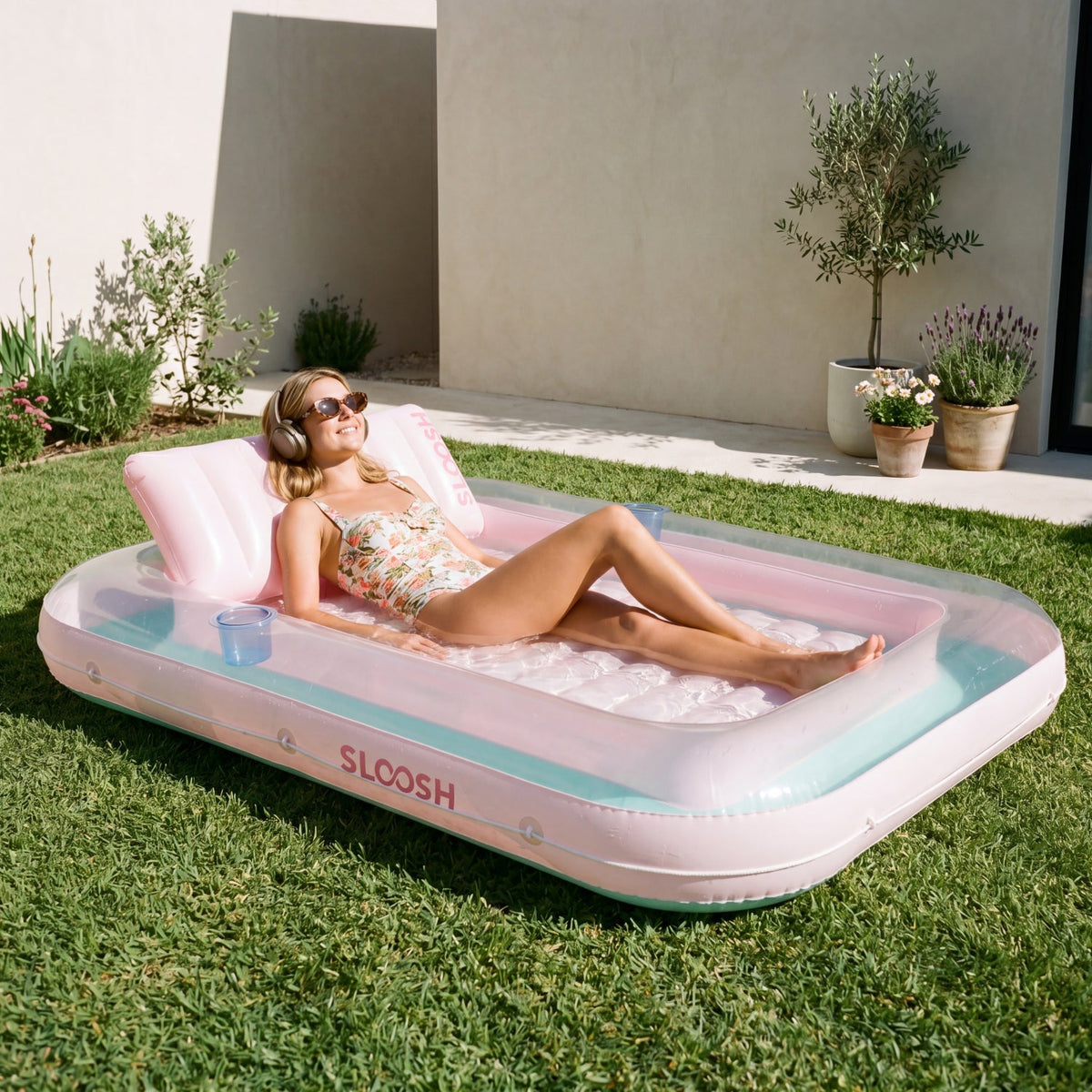 SLOOSH Transparent Inflatable Tanning Pool Lounger Float,  70" x 46", Cyan Pink-L